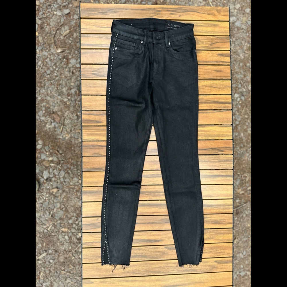 AllSaints Miller Mid-Rise Ministud Superstretch Skinny Jeans, Coated Black - 25
